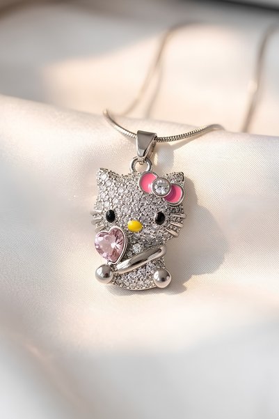 Elifsu Jewelry Hello Kitty Shiny Zircon Stone Detailed Steel Necklace