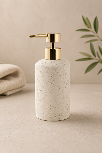 The Voguemaxima Bej Taş Dokulu Sıvı Sabunluk Gold Pompalı 7x17 cm