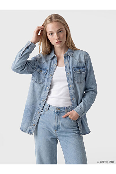 LC Waikiki Indigo Women's Jean Shirt with Pockets