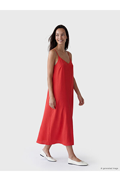 LC Waikiki Orange V-Neck A-Line Dress with String Straps