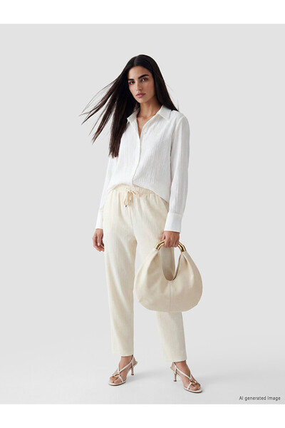 LC Waikiki Beige Textured Women's Trousers with Elastic Waist