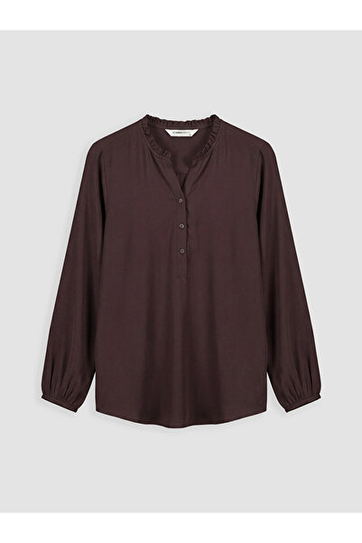 LC Waikiki Burgundy Ruffled Mock Neck Blouse