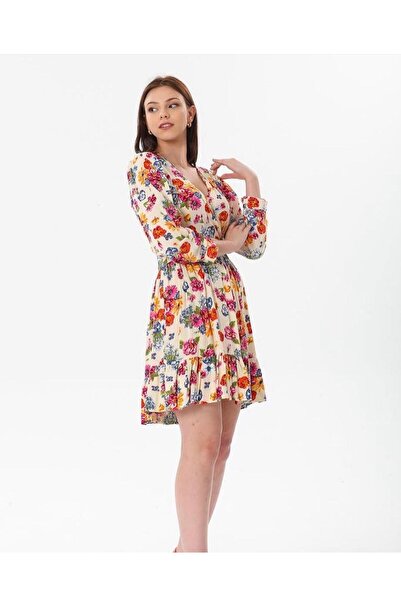 FUNDA Fashion Women's Double Breasted Collar Flower Patterned Summer Short Dress