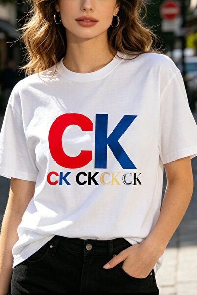 Fleck Women's T-Shirts CK Letter Print, Short Sleeve, Crew Neck, Casual Style
