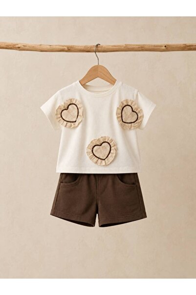 MİO Girl's Denim Shorts Heart T-Shirt Set