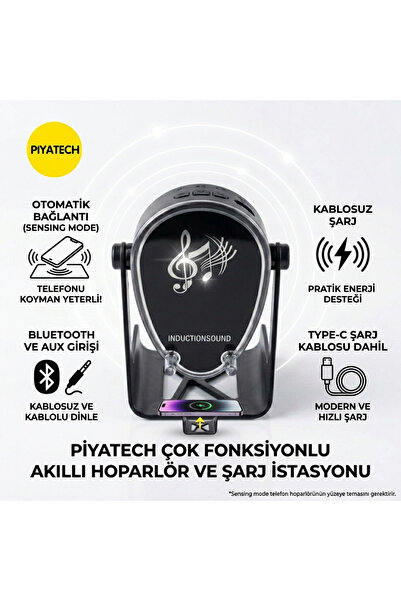PİYATECH Akıllı Sensörlü Bluetooth Hoparlör Ses Bombası + Kablosuz Şarj Deste...