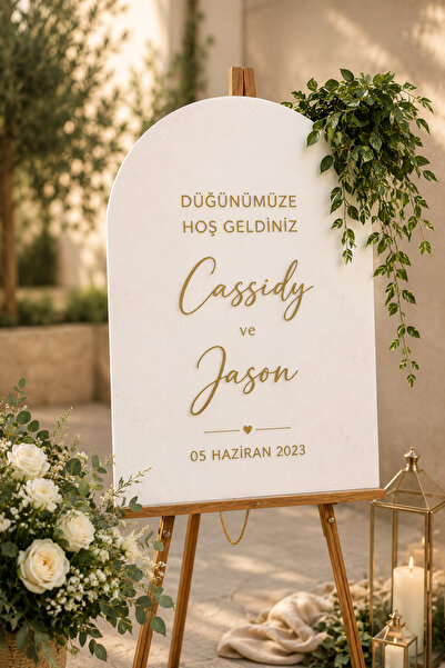 Laber TASARIM 70x50 cm Beyaz Ahşap & Gold pleksi Düğün & Nişan Karşılama Panosu