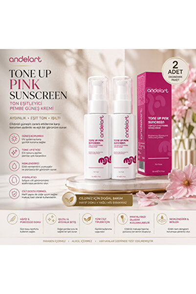 andelart Tone Up Pink Sunscreen 50 ml x 2 Adet | Ton Eşitleyici Pembe Güneş Kremi | Aydınlatıcı ve Nemlendirici Bakım