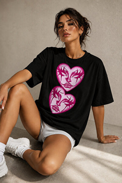 ArtYus Tricou oversize unisex cu imprimeu cu siluetă de inimă roz – Tricou ca...