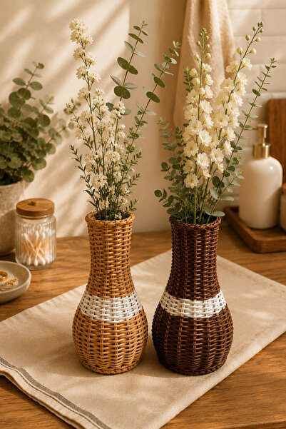 Chefstar HASIR GÖRÜNÜMLÜ DEKORATİF RATTAN VAZO BOHEM EV DEKORASYONU ÇİÇEKLİK