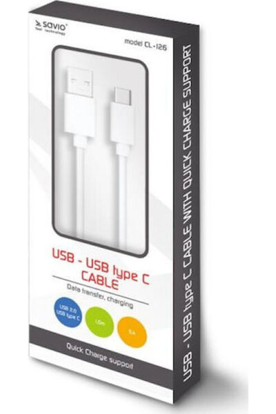 Savio Καλώδιο USB 2.0 USB-C Αρσενικό - USB-A Λευκό 1μ CL-126