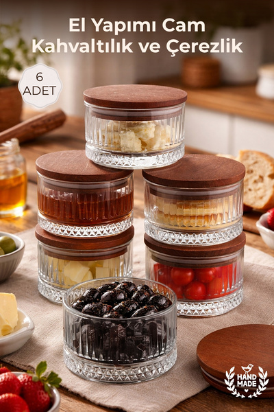 Nandy Home El Yapımı Cam, 6'lı Set Yuvarlak, Kahvaltılık ve Çerezlik