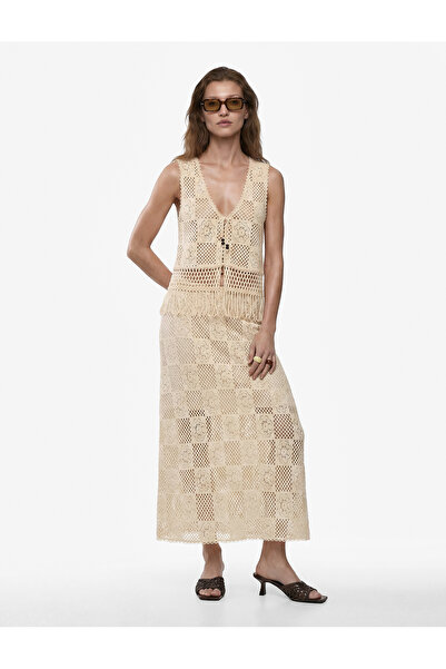 Koton Cotton Crochet Vest with Front Tie Detail, Floral Motif and Tassels