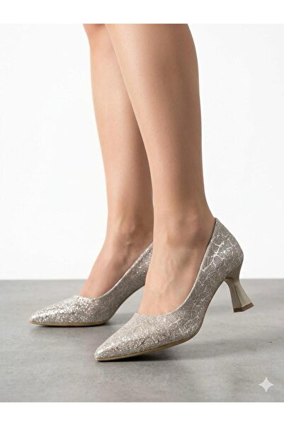 Lütfi Women's Silvery Low Heel Comfortable Fit Evening Dress Shoes