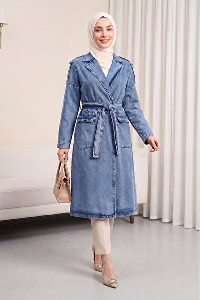 Modamorfo Denim Trench Coat with Shoulder Epaulettes, Pockets and Belt - Ice ...