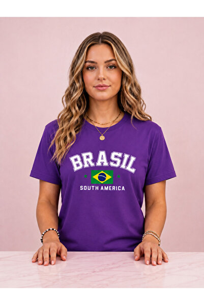 VODEXA Tricou oversize pentru femei, cu imprimeu Brasil, 100% bumbac, croială...