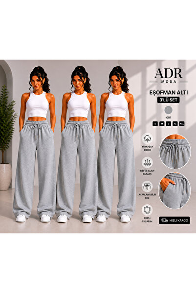 ADR MODA 3-Piece Wide Leg Sweatpants Gray Daily Use Loose Fit