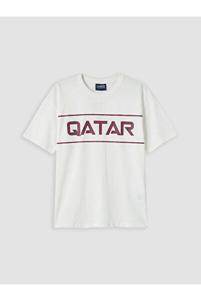 LC Waikiki White Crew Neck Qatar Printed Boys' T-Shirt