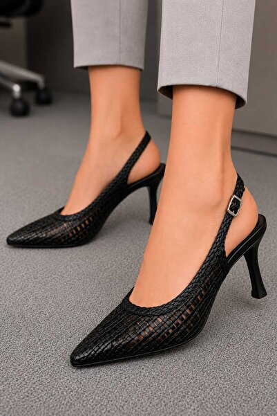 EREN SHOES BAG Lubni̇n Braided Open-Back Heeled Women's Shoes Black