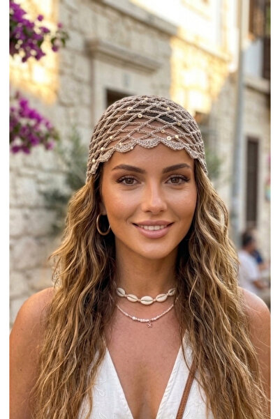 NOİR & GOLD Kadın Örgü Alınlık Bandana Pullu Bohem Saç Aksesuarı
