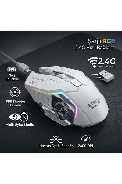 Steep Solid RGB Gaming Kablosuz Mouse Beyaz Şarjlı, 2.4G Hız, 2400 DPI Hassas...