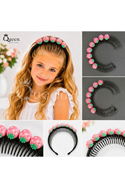 QUEEN AKSESUAR Yeni trend moda pembe çilek süslü taraklı bant taç bandana tac...