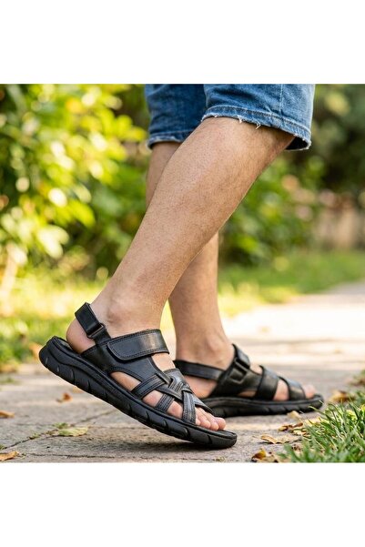 Bukond Men's Genuine Leather Sandals Soft Puff Summer Orthopedic Sandals