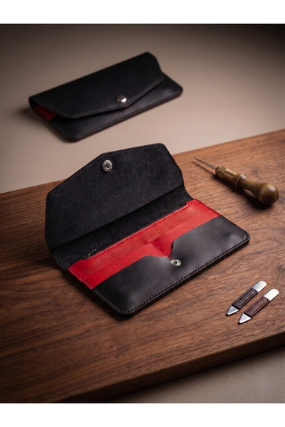 LUNA LUSTER Genuine Leather Red Black Large Size Portfolio Wallet Handbag wit...