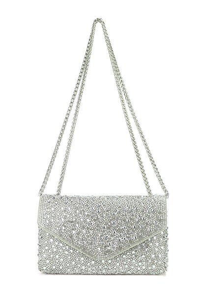 OEM Second-hand silver clutch bag with rhinestones and chain