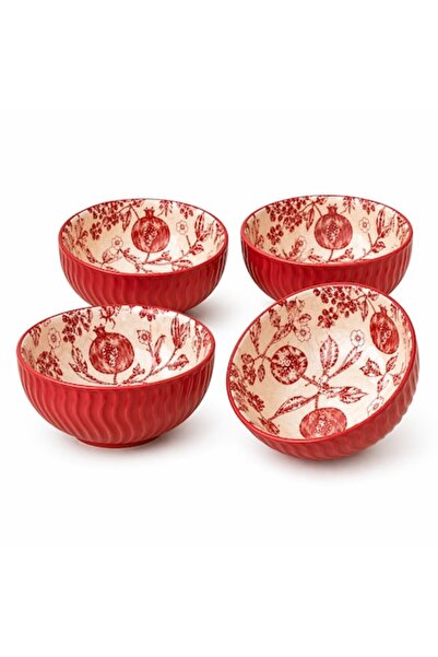 SHOPIENS Set de 4 boluri ceramice roșii texturate, interior alb cu model rodi...