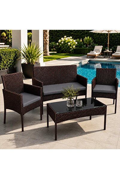 Selgot Garden Table Set, 1 Table, 1 Sofa, 2 Armchairs, Brown Color, Grey Cush...