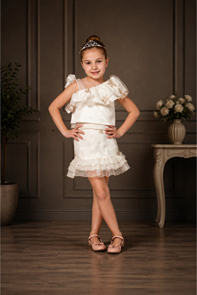 Minik mooda Girl's Cream Jacquard Skirt Blouse Set – Set of 2 with Tulle Ruff...