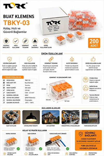TORK 100 Adet 1,0-2.5mm2 Turuncu Buat İçi Yaylı Klemens TBKY-03 NMS HIRDAVAT