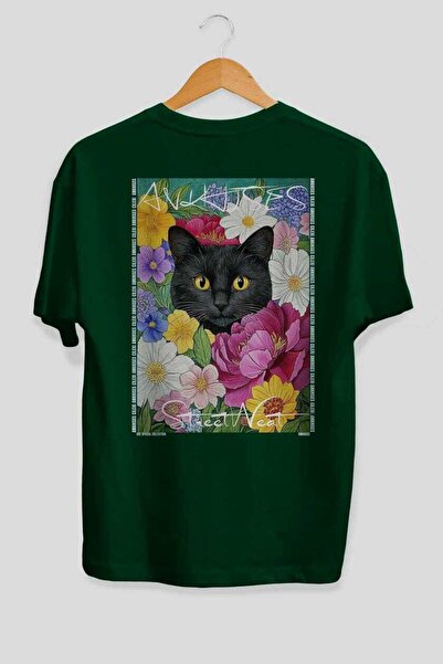 Ankhises For the Love of Cats 109 Cat Printed Green Oversize T-Shirt 100% Cot...