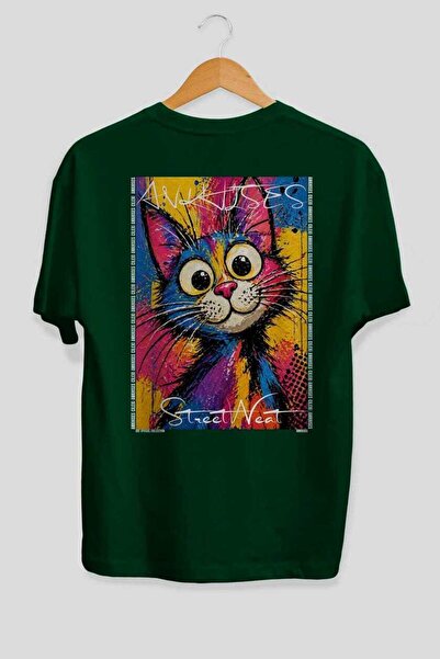 Ankhises 41 Cats for the Sake of Cats Printed Green Oversize T-Shirt 100% Cot...