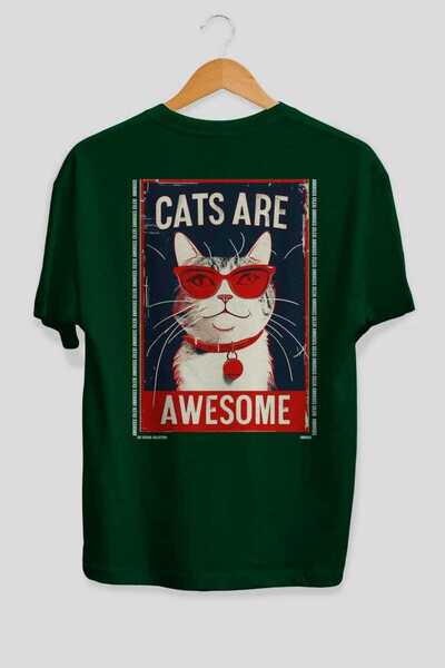 Ankhises For the Love of Cats 125 Cat Printed Green Oversize T-Shirt 100% Cot...