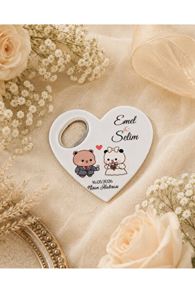 DeryalarDijital 20 Adet Kişiye Özel Baskılı Kalp Şişe Açacaklı Magnet Nikah D...