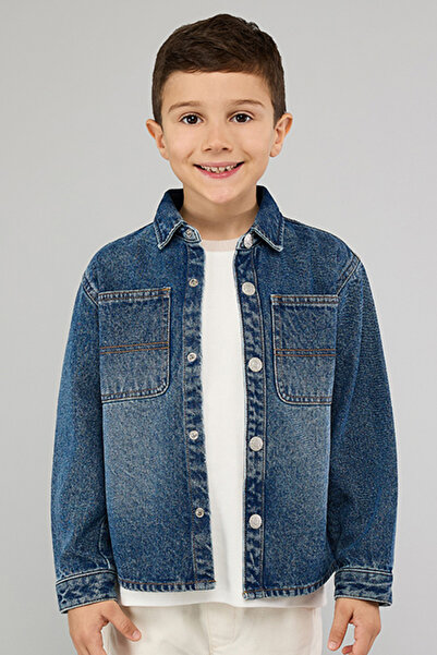 R&B Washed Denim Shirt with Classic Collar and Long Sleeves