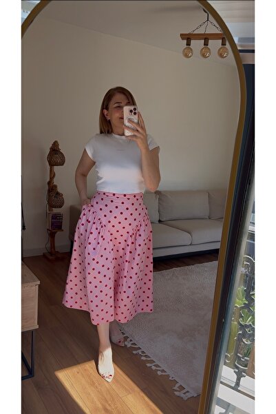 PARLAFASHION Pembe Puantiye Desenli Yüksek Bel Midi Etek