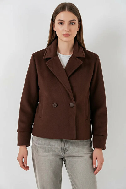 buğrahayalin Women's Classic Collar Double Button Cotton Brown Jacket
