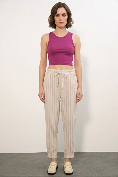 Efnaz style Women's Drawstring Waist Striped Linen Fuchsia Trousers