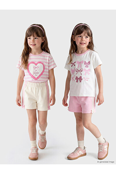 LC Waikiki شورت مخطط بتفاصيل فيونكة للأطفال من LCW Kids Ecru، قطعتان