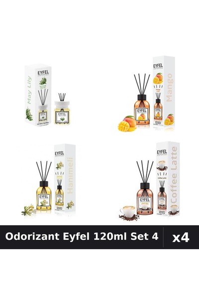 Eyfel Set 4 Odorizant Camera Betisoare 120ml - Cafea, Lacramioare, Mango, Man...