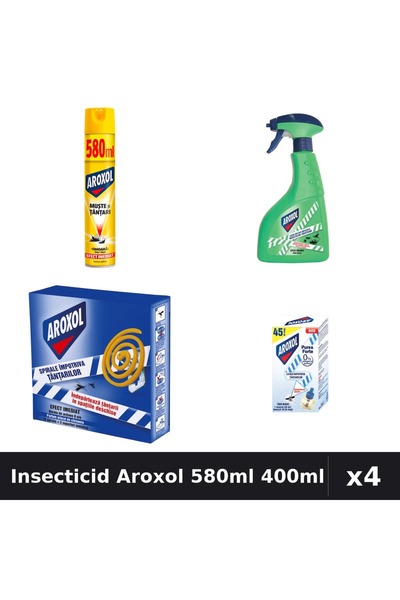 Aroxol Set 4 Insecticid - Spray 580ml, 400ml, Pastile, Aparat Electric - Prot...
