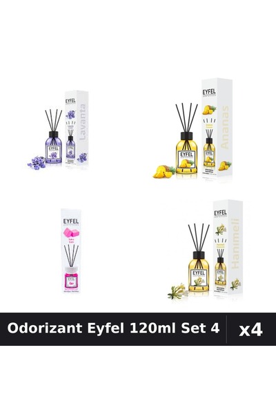 Eyfel Set 4 Odorizant Camera Betisoare 120ml - Lavanda, Ananas, Bubble Gum, M...