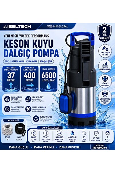 İBELTECH IBL-Q800103 1.1 Hp Flatörlü Keson Kuyu Dalgıç Pompa 800W 1.1HP 37 Me...