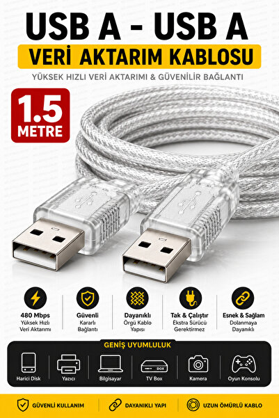 nelerbulurum YÜKSEK KALİTELİ 1.5 METRE ŞEFFAF RENKLİ USB ERKEK-ERKEK KABLO