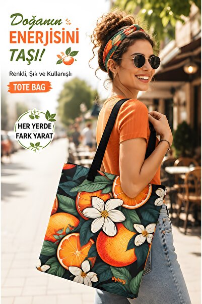 BYBAG Orange Flower Patterned Oxford Fabric Shoulder Bag |   Zippered, Intern...