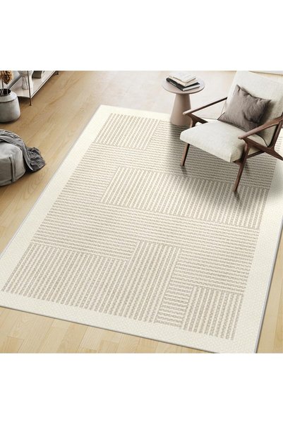 HI-FINE Large Area Rugs for Living Room Bedroom, Creamstyle Floor Area Rug With Striped Border, Non Slip Carpet