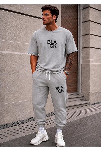 FAEL LİFE Unisex Wide Cut Tracksuit and T-Shirt Black Printed Set